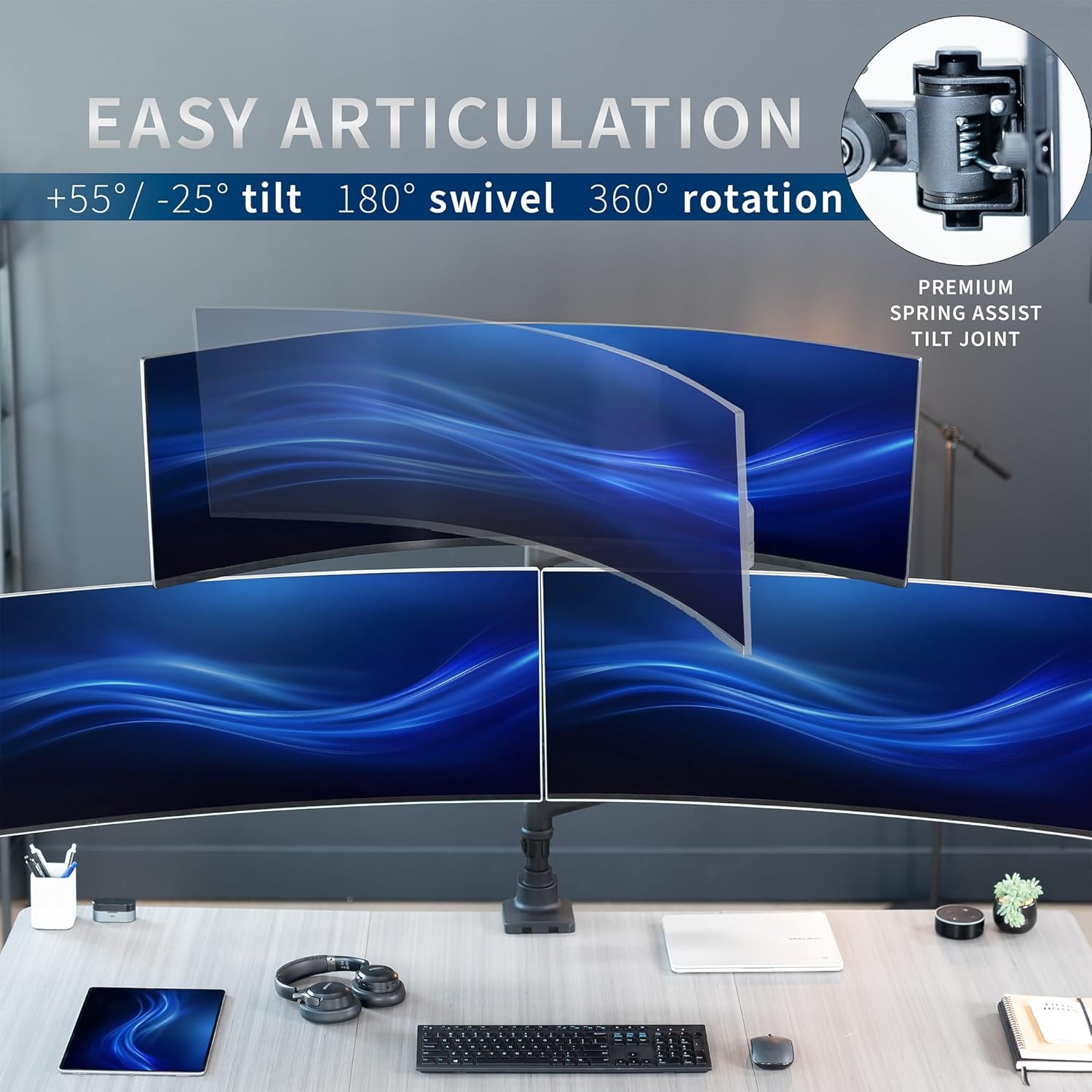image:imageVIVO Pneumatic Arm Triple Ultrawide Monitor Extra Tall Desk Mount for Up to 49 inch Screens Heavy Duty Clamp Holds 3 Ultra Wides Up to 44 lbs Black STANDV300DTriple Mount
