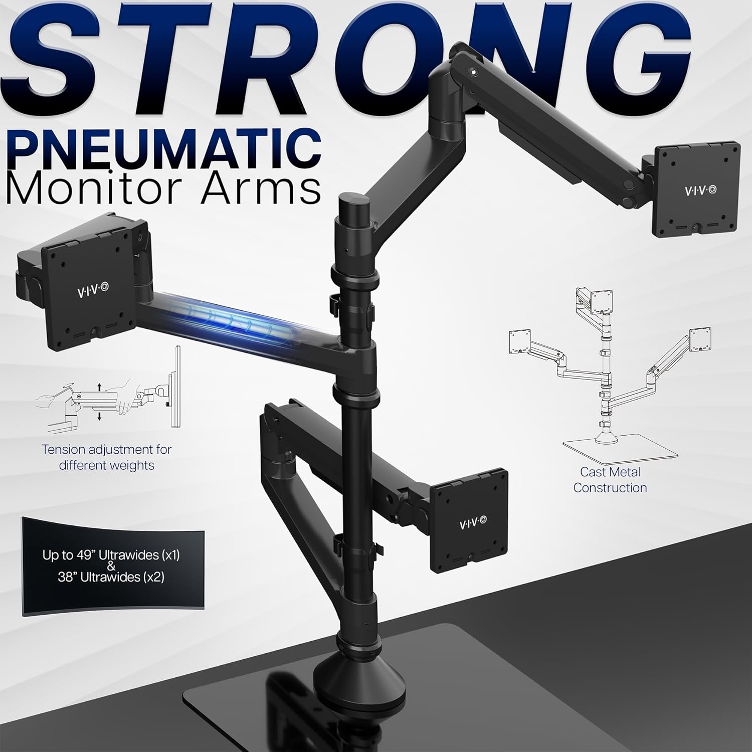 image:imageVIVO Pneumatic Arm Triple Ultrawide Monitor Extra Tall Desk Mount for Up to 49 inch Screens Heavy Duty Clamp Holds 3 Ultra Wides Up to 44 lbs Black STANDV300DTriple Mount