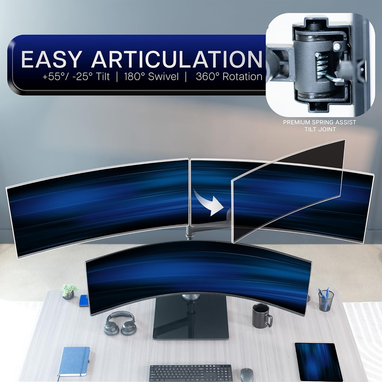 image:imageVIVO Pneumatic Arm Triple Ultrawide Monitor Extra Tall Desk Mount for Up to 49 inch Screens Heavy Duty Clamp Holds 3 Ultra Wides Up to 44 lbs Black STANDV300DTriple Mount