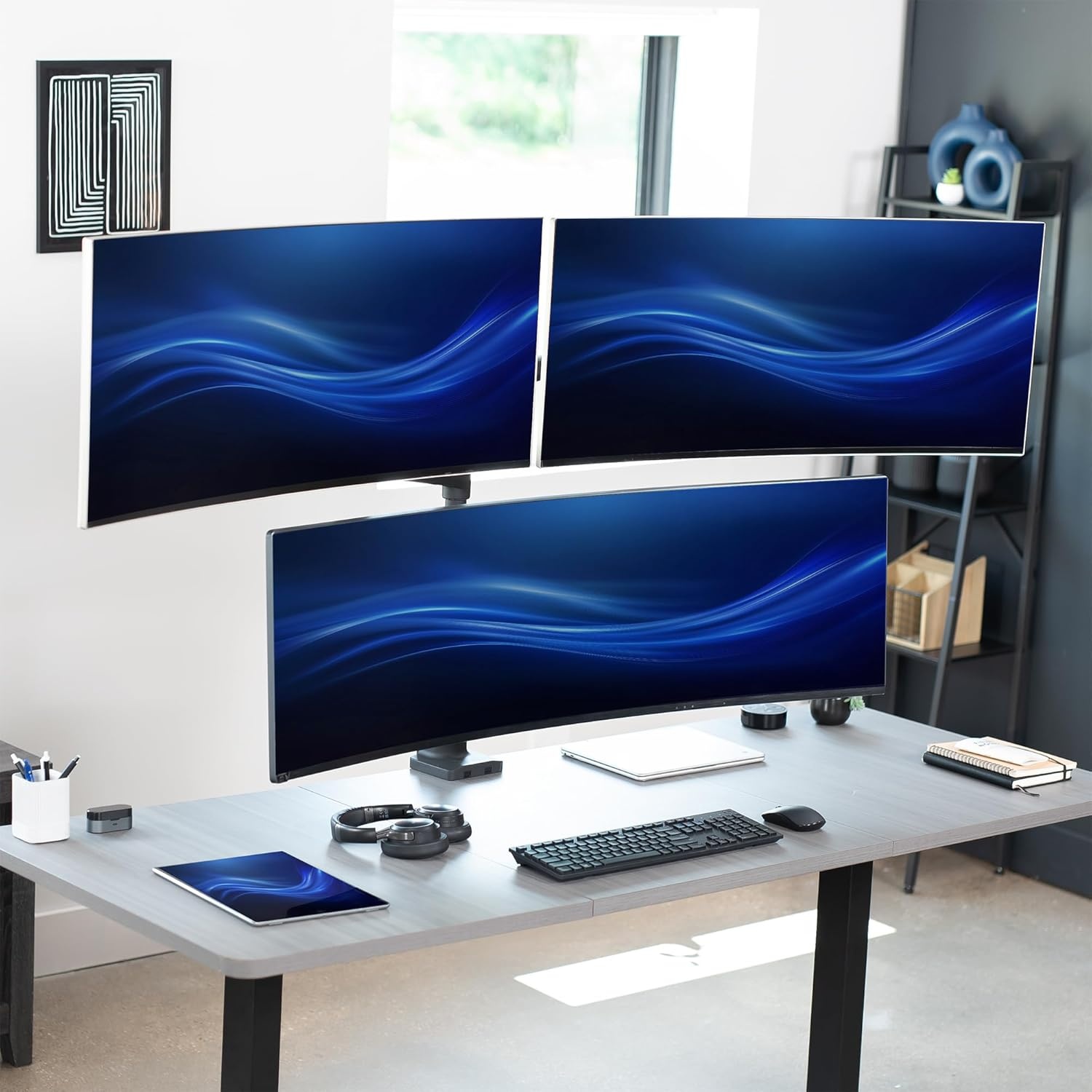 image:imageVIVO Pneumatic Arm Triple Ultrawide Monitor Extra Tall Desk Mount for Up to 49 inch Screens Heavy Duty Clamp Holds 3 Ultra Wides Up to 44 lbs Black STANDV300DTriple Mount