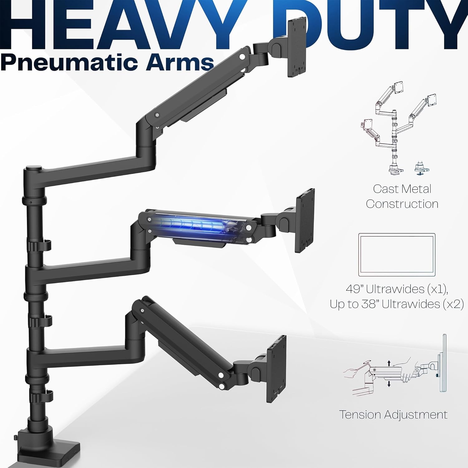 image:imageVIVO Pneumatic Arm Triple Ultrawide Monitor Extra Tall Desk Mount for Up to 49 inch Screens Heavy Duty Clamp Holds 3 Ultra Wides Up to 44 lbs Black STANDV300DTriple Mount