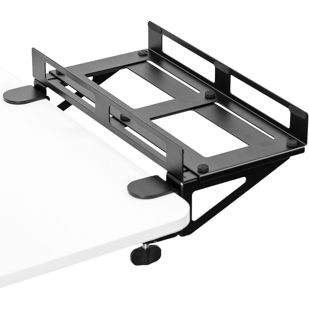 image:imageVIVO Clampon Desk Extender PC Desk Mount Holder with Wall Mount Option Standard and Large Gaming Computer Case Stand Adjustable with Secure Locking Black MOUNTPC07G