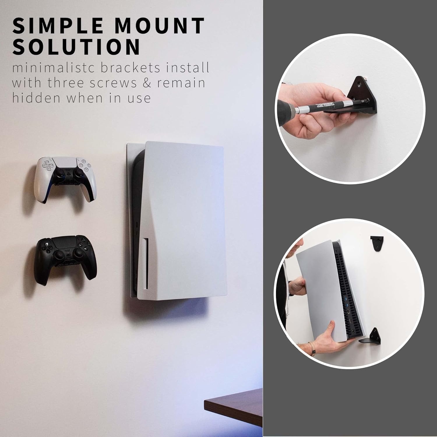 image:imageVIVO 2in1 Wall and Under Desk Mount Bracket Designed for PS5 and PS5 Slim Gaming Console PlayStation 5 Standard and Digital Edition Vertical Wall Display 2 Controller Mounts Black MOUNTPS5CBlack