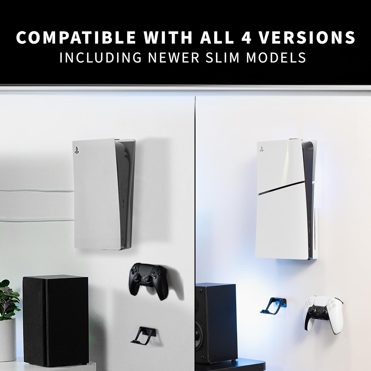 image:imageVIVO 2in1 Wall and Under Desk Mount Bracket Designed for PS5 and PS5 Slim Gaming Console PlayStation 5 Standard and Digital Edition Vertical Wall Display 2 Controller Mounts Black MOUNTPS5CBlack